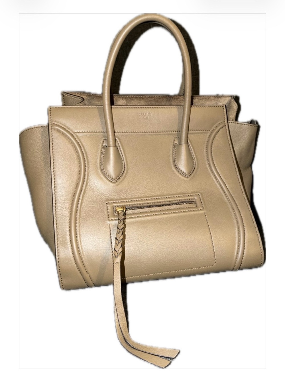 Celine Tan Leather Mini Luggage Satchel with Braided Zip Pull